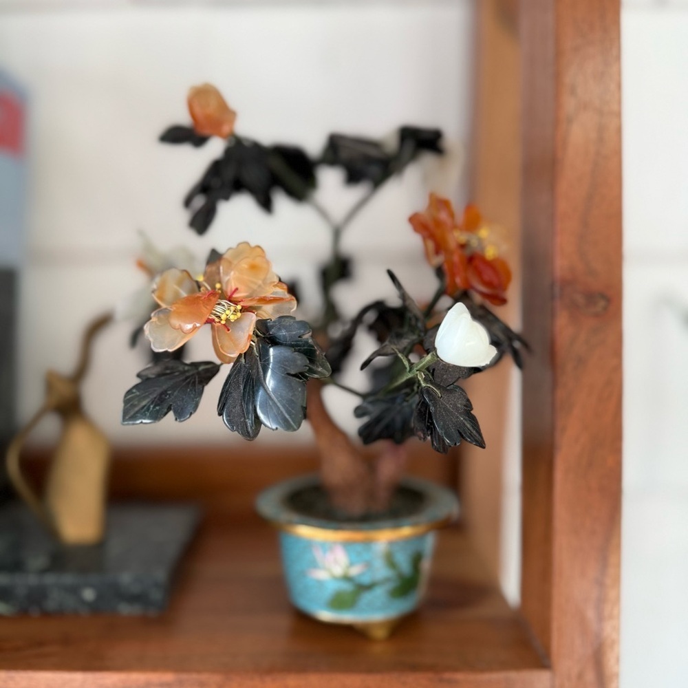 Vintage Chinese Carved Hardstone Flowering Bonsai in a Cloisonne Plant Pot jade - Picture 9 of 9